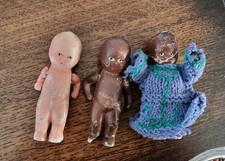 3 x Lovely Antique Bisque Jointed Baby Dolls Germany? 2 Dark, 1 Fair -8 cms high
