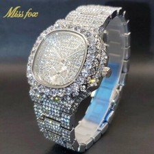 Hip Hop Luxury Ice out Men's Watch Iced Custom Bling Simulated Diamond Silve