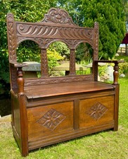 Antique Carved Oak Bench / Settle with Storage / Shoe Storage