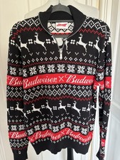 Budweiser Black Red Reindeer 1/4 Zip Knit Christmas Jumper By TU Small