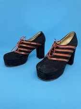 Vintage 1970s Platform Shoes Suede Brogue Heels Oxford Black Brown Strip Size 7