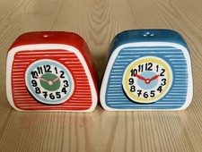 Cath Kidston Retro Clock Salt & Pepper Shakers – Red & Blue Set – Ceramic