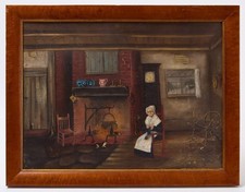 Antique c1880 Folk Art Painting American Interior Oil Panel Framed Colonial Cat