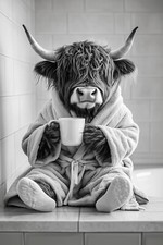 HIGHLAND COW DRINKING COFFEE