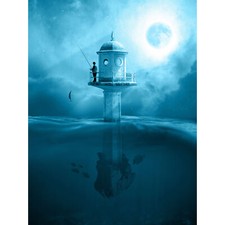 Floating Fantasy Lighthouse Fisherman Graphic Large Wall Art Print 18X24 In
