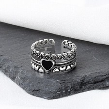 Vintage Heart Linked Adjustable Ring 925 Sterling Silver Women Girls Jewellery