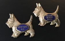 2x 1930s Scottie Dog New York NY & Revere Beach Mass Pin Gold Front Filled Plate