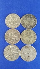 Six Silver Three pence pieces - 1920-1933 0.50 fineness - job lot.