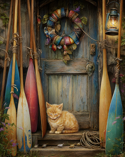 Orange kitten fishing shack - fishing,