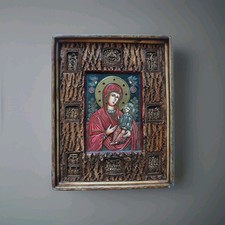 Orthodox Catholic Carved Wood Painted Icon Mother Of God Theotokos Christ Jesus