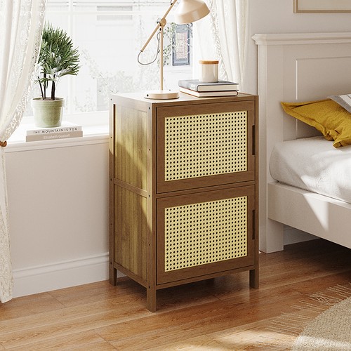 Wooden bedside table - wooden, rattan