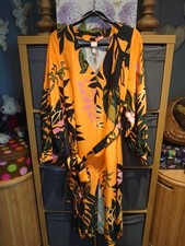 H&M S(OVERSIZED SEE MEASUREMENTS) ORANGE FLORAL V NECK SLIPOVER BELTED DRESS VGC