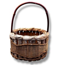Primitive Hand Woven Birch Bark Basket w/Wood Handle Rustic Farmhouse