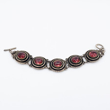 Vintage Bracelet with Faceted Red Glass Stone in Aged Silver Tone Metal