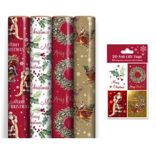 4 Rolls Traditional Christmas Wrapping Paper 4M Gift Wrap & 20 Matching Tags