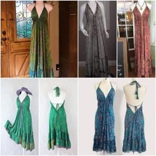 Wholesale Lot Indian Vintage Sari Silk Maxi Boho Gypsy Hippie Halter dress 5pcs