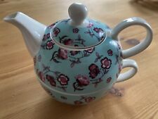 Whittard of Chelsea Tea For One Pot Teapot And Cup Duck Egg Blue Pink Floral