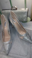 DUNE BRAND NEW SILVER SHIMMER MESH SIDE SHOES & MATCHING BAG UK 7 EUR 40