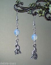 Howling Wolf and Opalite Moon Dangly Earrings - Pagan Gothic Fantasy
