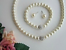 1-3 Row White Pearl Necklace Bracelet & Earrings or Necklace + Earrings Set.
