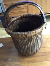 Large 19th Century Chinese Woven Rice  Fishermans Basket With Wooded Handle