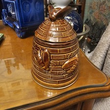 Brown Ceramic Honey Jar Bees Beehive Shape