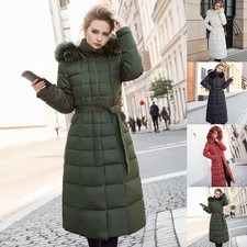 Women's Winter Long Line Puffer Jacket Knee Coat Warm Parka Fur Hooded Outwear