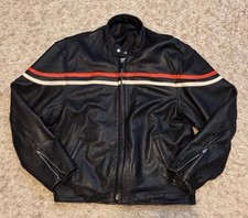 Vintage Interstate Leather Black Biker Jacket Orange White Racing Stripes Mens L