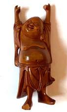 VINTAGE BUDDAH CARVED LAUGHING SMILING FIGURE CHINESE HANDS UP ORIENTAL MONK