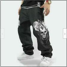 New Mens Hip Hop Jeans Denim Embroidery Skull Skeleton Baggy Trousers Streetwear