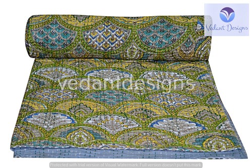 Green bed runner kantha quilt - green,