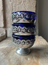Set of 3 Vintage Celtic Sugar Dishes Cobalt Blue Glass with Metal Holders