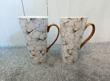 2 x Fox & Ivy Gold Tall Latte / Coffee Mugs White with Gold Floral Design 16 cm