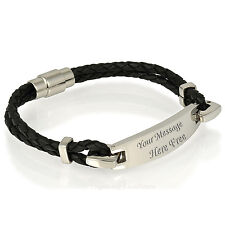 Ladies Mens Black Leather ID Bracelet Birthday Gift. FREE engraving Personalised