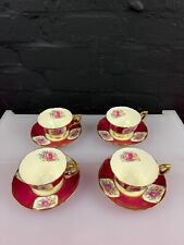 4 x Crown Staffordshire Red Cream Floral Gilt Tea Cups and Saucers Set