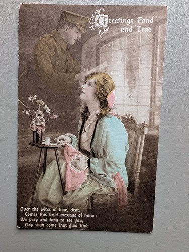 Old postcard woman greeting - old,