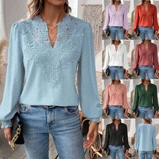 Womens Lace V-neck Tunic Tops Ladies Long Sleeve Loose T Shirts Blouse Size 8-20