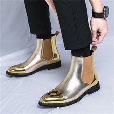 Mens Pointed Toe Pull On Chelsea Ankle Boots Male Fashion High Top Leather Shoes