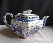 Copeland Blue & White Burns Auld Lang Syne Teapot XL Hexagonal Gilt 3 Pints 1879