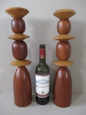 Pair of Wooden Floor Candlesticks Pillar Candle Holders ~ African Inspired, Teak
