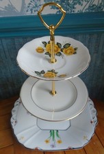 3 tier china cake stand  Mismatched vintage floral plates  Art Deco base plate,