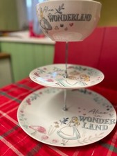 DISNEY ALICE IN WONDERLAND PLATE/BOWL 3 TIER CAKE SWEET STAND, MATCH DINNER SET