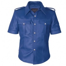 MENS GENUINE REAL LEATHER BLACK POLICE UNIFORM VINTAGE MOTORCYCLE BIKER SHIRT