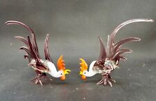 Pair Of Vintage Hand Blown Glass Miniature Cock Fighting Roosters