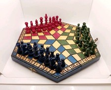 Three Players Chess Set Wooden Board and Pieces Green Blue Red with Instructions