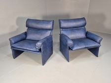 Vintage Saporiti Italian Lounge Chairs Pair Blue Vinyl Retro EB9844 MNOR