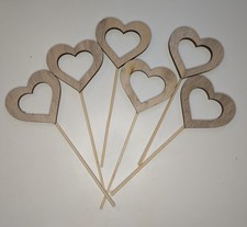 Six Wooden Hearts on Sticks Garden Ornaments 7" Tall