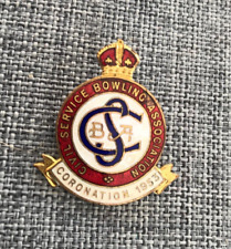 OLD CIVIL SERVICE BOWLING ASSOCIATION CORONATION 1953 VINTAGE ENAMEL PIN BADGE