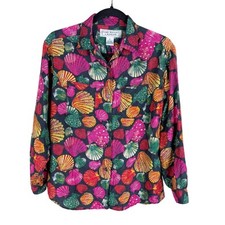 Vtg Fenn Wright & Manson Seashell Novelty Print Silk Shirt Womens Size L Retro