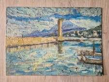 1960-70s original Impressionist oil painting on board, of a harbour scene.